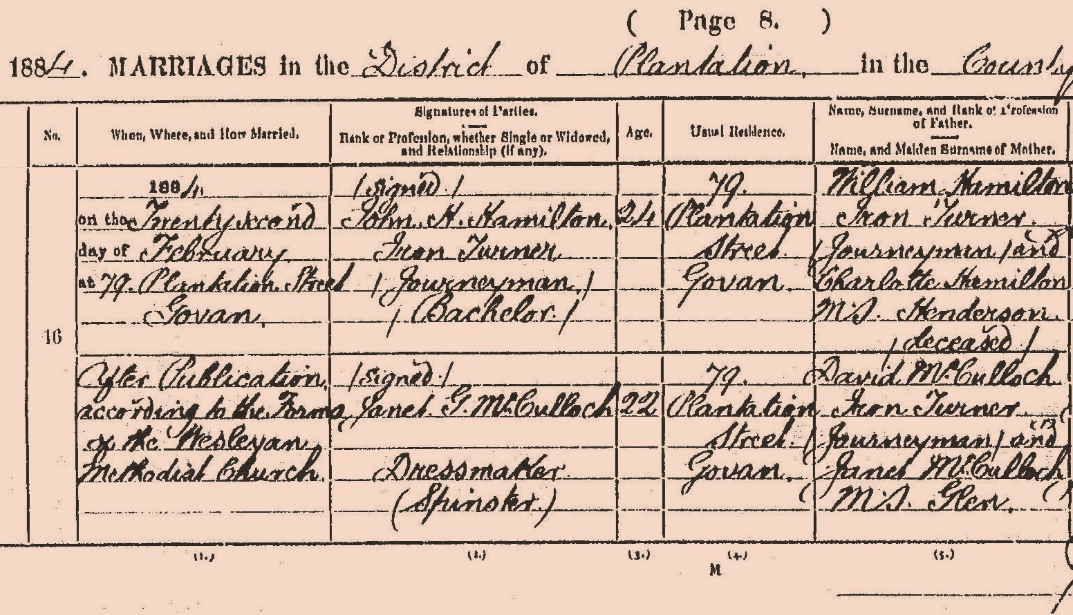 Marriage certificate of Janet McCulloch and John Henderson Hamilton, 1884