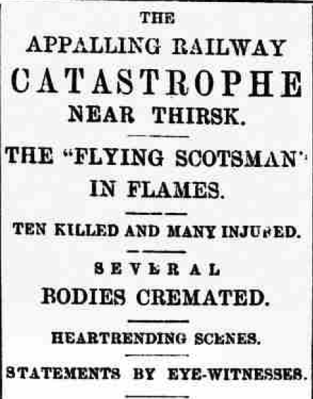 Newspaper headline detailing the train crash at Thirsk